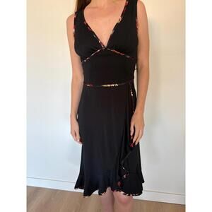 Black Midi V Neck Floral Detail Rampage Ruffle Dress